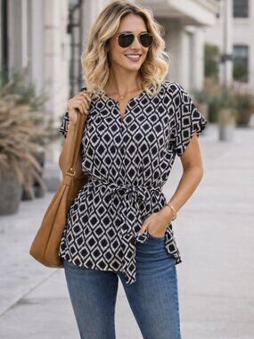 H&M Black White Geometric Blouse Tie Waist Short Sleeve Size M